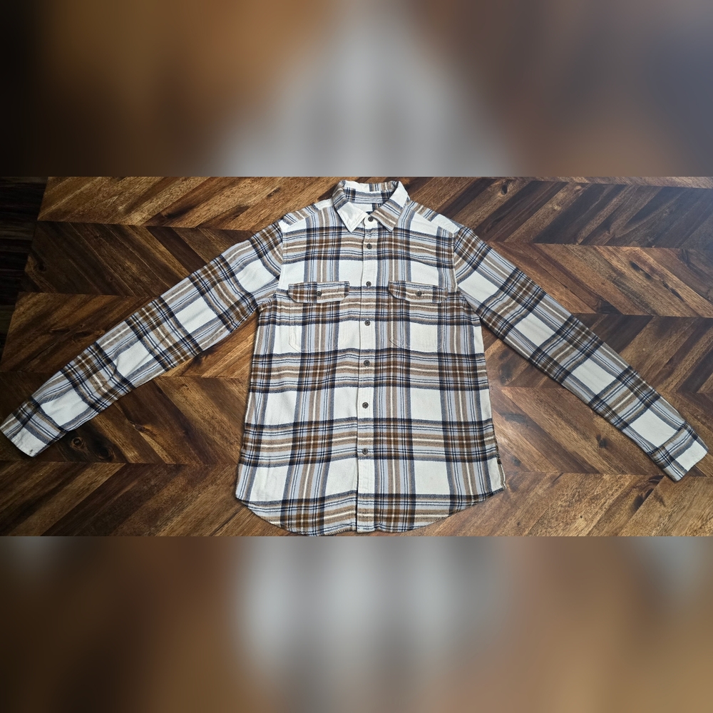 George Super Soft Flannel Shirt Cream/ Brown/Navy Plaid Button Down Size S